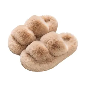 Zapatillas de casa de felpa suave con punta abierta para mujer, pantuflas cálidas de piel sintética, zapatos de algodón con fondo grueso, para invierno