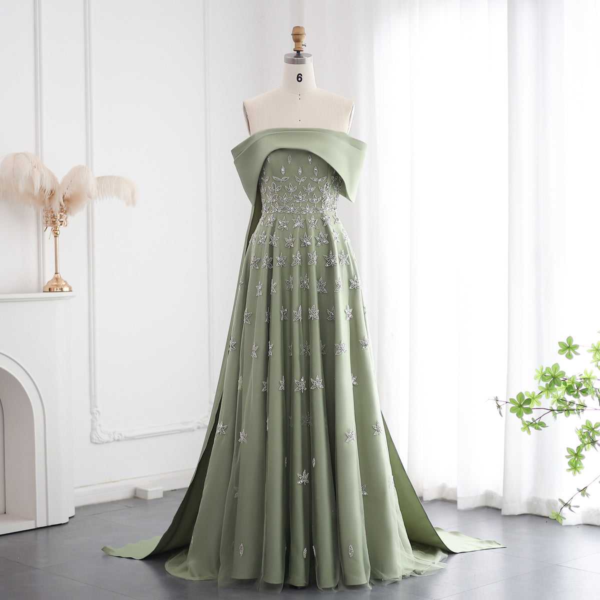 Olive Green Dress Maxi A-Line Evening Gown Elegant