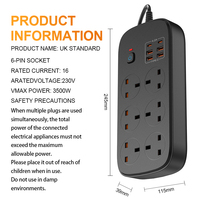 UK Extension Multi Plug Socket 6 Way Outlet Power Strip Extension Surge Protector Power Strip électrique avec 4 Ports de charge USB