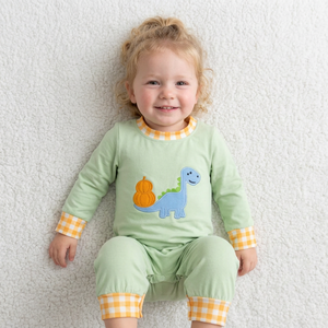 <b>Cute</b> Green Dinosaur Applique Breathable Romper with Yellow Checkered Trim for Baby Boys Infants & Toddlers Summer Wear - Product Image 1