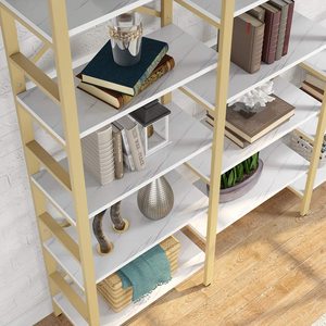 Libreria a 5 Ripiani Triple Wide in Oro e Bianco, Stile Industriale, Scaffali in Legno e Metallo, Mobili per Libreria - Product Image 4