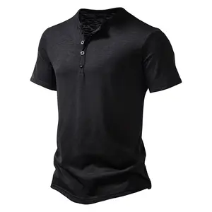 Camiseta clássica masculina de manga curta Henley, camiseta básica com botão frontal de cor sólida para homens