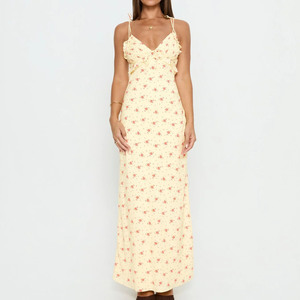 Vestido Maxi de Mujer con Tirantes Finos, Cuello en V, Estampado Floral Amarillo Vintage, Lazo, Volantes en el Busto y Espalda Fruncida, Ideal para Verano, Primavera y Otoño - Product Image 1