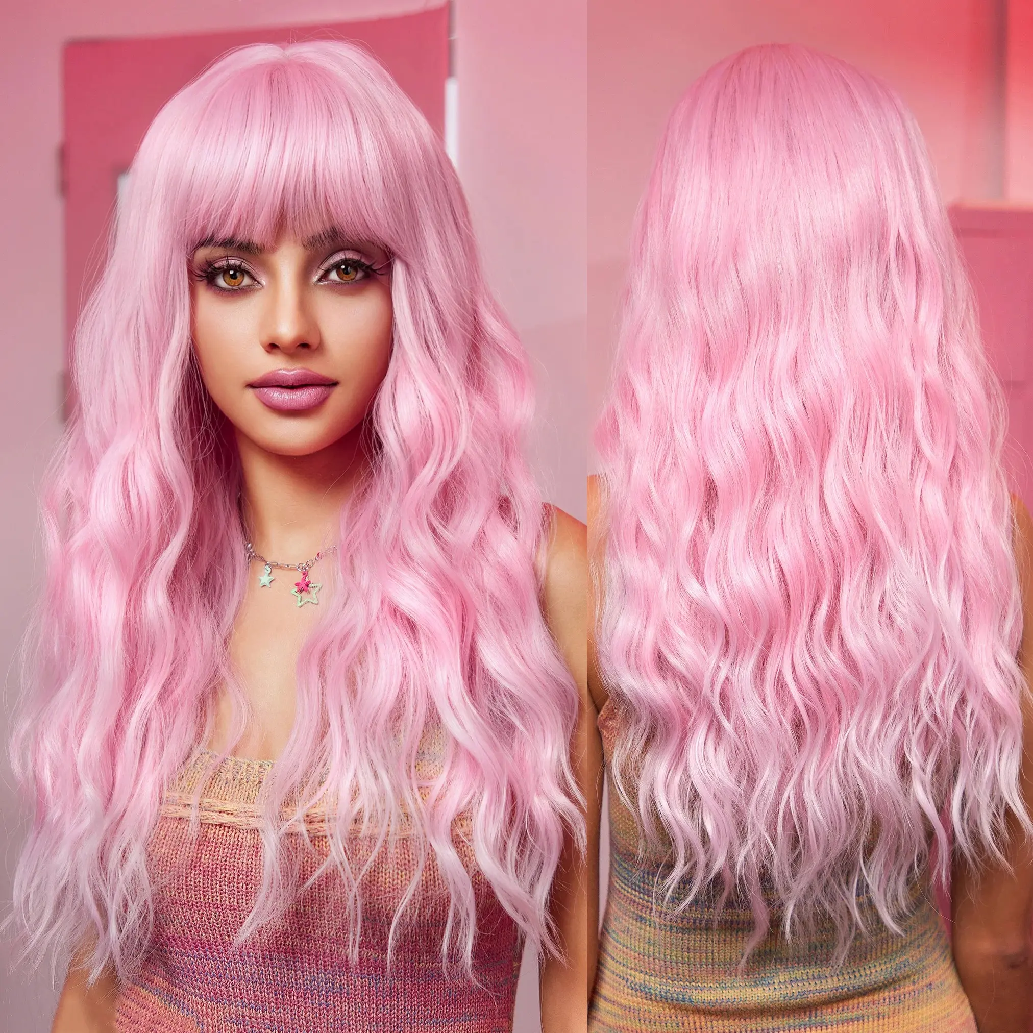 Parrucche lunghe rosa Ombre ricci capelli sintetici ondulati parrucche con frangetta donne festa quotidiana fiber resistenti al calore