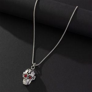 Skull Gemstone <b>Necklace</b> Zinc Alloy Antique Silver Sapphire Bezel Setting Themed Pendant Hip Hop Chain Fashion Jewelry - Product Image 4