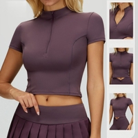 T-shirts de sport pour femmes à manches courtes respirants, col montant, demi-zip, haut de sport à compression élevée, t-shirts de sport pour la salle de sport