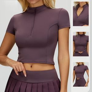T-shirt Sportiva da <span class=keywords><strong>Donna</strong></span> a Maniche Corte con Collo Alto e <span class=keywords><strong>Mezza</strong></span> Zip, Traspirante ed Elasticizzata, Top Corto per Allenamento e Palestra - Product Image 3
