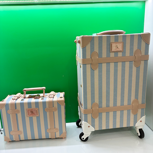 Set bagaglio a mano <span class=keywords><strong>Vintage</strong></span> di lusso personalizzato con striscia blu bagaglio a mano in pelle carina <span class=keywords><strong>valigia</strong></span> di design con custodia per il trucco - Product Image 1