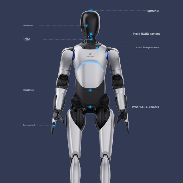 Rugged humanoid robot with 14.4Ah battery and 4.5h standing operation, ideal for long duration commercial use