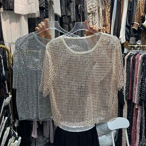 LM <span class=keywords><strong>R907</strong></span> Haut court en résille à strass pour femme, col rond, transparent, brillant, chemisier en maille ajourée, idéal pour club ou plage - Product Image 6