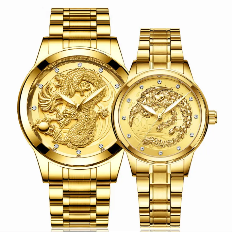 Hot Selling Dragon Phoenix Couple Watches MenのNoctilucent Gold QuartzステンレスSteel Band Watch