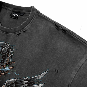 Oversized Vintage Acid Wash Distress Cotton Breath T-Shirts for <b>Men</b> Custom High Quality Punk Swan DTG Print O-Neck Casual Tees - Product Image 4