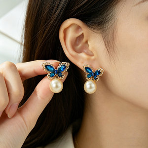 Fashion Butterfly <b>Stud</b> <b>Earrings</b> With <b>Blue</b> Crystals Pearl Drop 925 Silver Post Party Jewelry For Women - Product Image 2