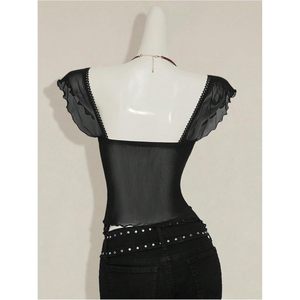 FOXA Haut court transparent à volants en maille fine pour femme, col cœur, sans manches, combinaison moulante, tenue de soirée - Product Image 2