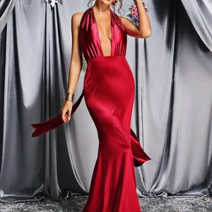 Bella Barnett Ladies Luxury Sexy Party Maxi Satin Red Prom Vestido de noche Mujeres Vestido de Navidad para mujeres