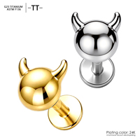Labret en Titane G23 ASTM F136 à Filetage Interne, Bijou de Piercing Corporel en Forme de Corne de Taureau, Plaqué PVD, Design Unique Punk Diable, Clous d'Oreille