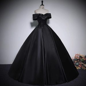 Black Off The Shoulder Ball Gown Empire Waistline Solid Color Evening Dress For Arts Exams - Product Image 2