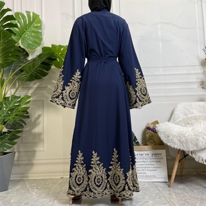 1495 #   Abaya noire en polyester doux avec appliques dorées, robe longue islamique pour femmes musulmanes, kimono - Product Image 6