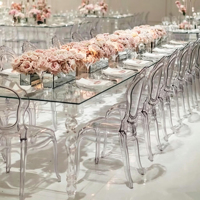 Table de salle à manger rectangulaire en acrylique transparent, table d'événement de luxe en cristal transparent avec pieds romains sculptés pour mariage, banquet, fête