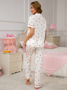 Dễ Thương Trái Tim Màu Đỏ In Phụ Nữ Của Mùa Hè Mùa Thu Giản Dị Đàn Hồi Eo Pajama Set Mềm Thoải Mái Ngắn Tay Áo Dài Quần Loungewear Ngọt Ngào - Product Image 3