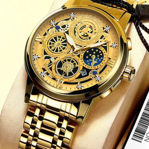 Montre à quartz pour homme BINBOND 4010, cadran en acier inoxydable doré avec strass, montre décontractée, lumineuse, étanche, montre-bracelet pour homme d'affaires - Product Image 4