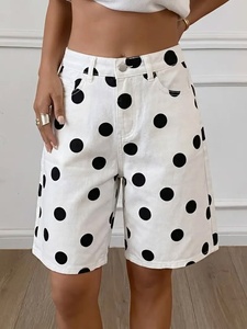 Shorts <span class=keywords><strong>Bermuda</strong></span> en <span class=keywords><strong>jean</strong></span> blanc décontracté Y2K vintage pour <span class=keywords><strong>femme</strong></span>, imprimé pois, coupe droite, longueur genou - Product Image 5