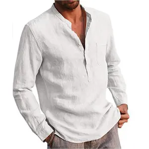 Clothes Button Down Collar Men's Shirts Solid White Blank Embroidered Hemp Linen Blouses Dress Shirts Print for Men Woven Custom