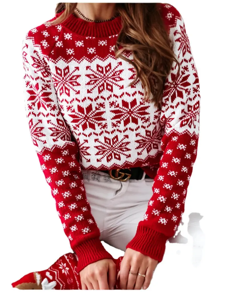 Produsen sweater kustom sweater rajut keluarga jacquard sweater Natal pullover untuk wanita
