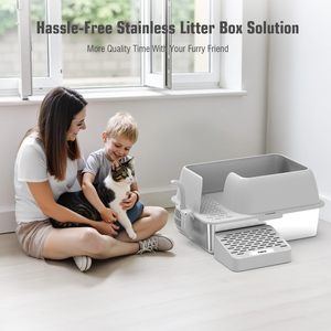 Bac à litière en acier inoxydable anti-éclaboussures Grande toilette semi-fermée pour chat Fournitures de nettoyage pour animaux de compagnie Bac à litière ouvert pour chat - Product Image 2