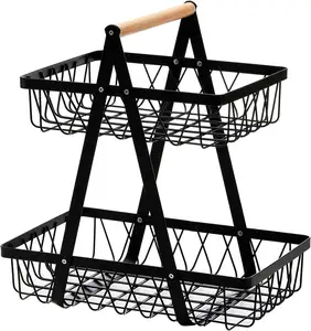 Metal Storage Basket with Handles 2 Tier Wire Farmhouse Organizer Bin Rustic Style Black Basket for Fruit and vegetable