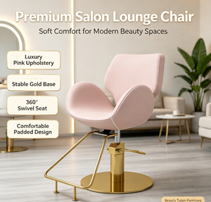 Fauteuil <span class=keywords><strong>de</strong></span> <span class=keywords><strong>coiffure</strong></span> moderne <span class=keywords><strong>de</strong></span> luxe minimaliste en acier inoxydable rose avec base hydraulique dorée, pivotant à 360°, confortable et rembourré en PU pour barbier - Product Image 1