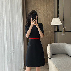 Mid Sleeve Women's Career Dress Grey O Neck A Line Midi Skirt Woven Fabric Comfortable Work Uniform - Product Image 2