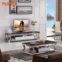 Table basse de luxe PURUO avec plateau en verre trempé, dessus en marbre, en acier inoxydable et rangement à tiroirs, finition arc-en-ciel
