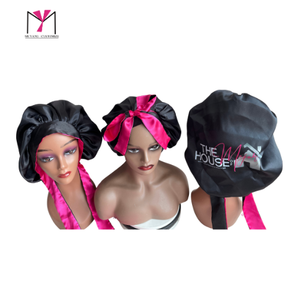 THE HOUSE Satin <b>Bonnet</b> Black with Pink Ribbon Fashion Headwear for Women 54-56CM Home Use Four Seasons - Product Image 2