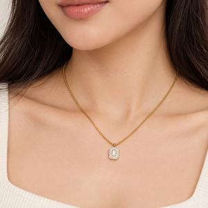 Collier carré en coquille blanche, acier inoxydable, zircon, plaqué or 14 carats, chaîne 40 + 5 cm, 1,3 x 1 cm, 6,8 g - Product Image 3