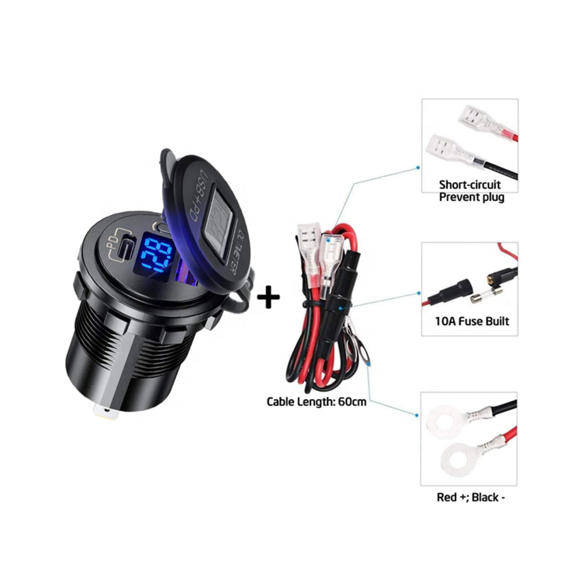 Presa Accendisigari 12V/24V Con 2 Porte USB QC3.0 E Voltmetro LED – Completa Di Interruttore