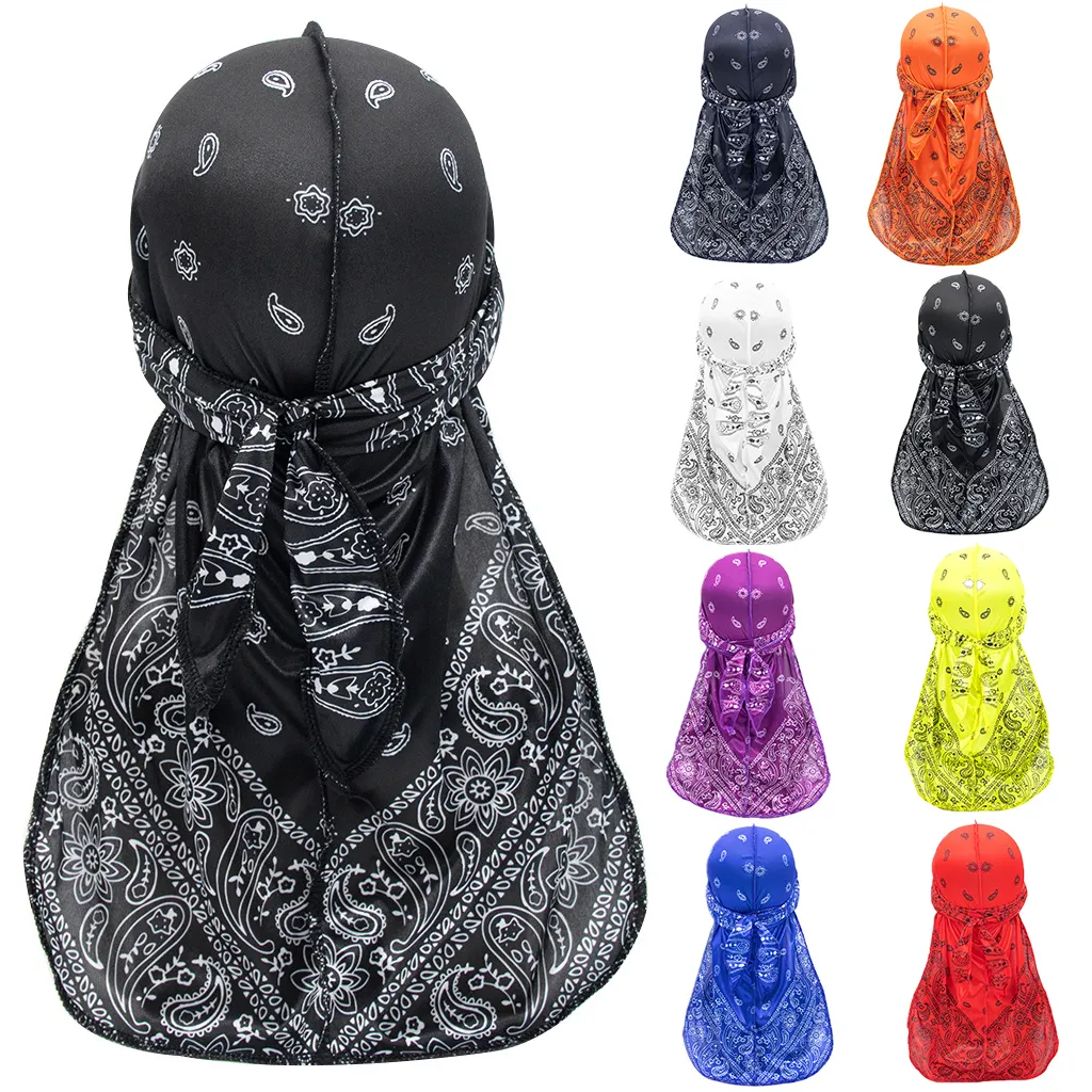 Toptan Hip Hop uzun kuyruk tasarımcı 360 dalgalar Du paçavra Bandana Paisley Durag erkekler saten ipek Duragesic kap