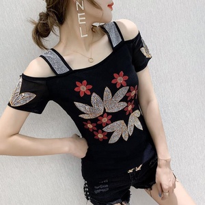 Magliette Casual da <span class=keywords><strong>donna</strong></span> estive in maglia Slim Sexy <span class=keywords><strong>con</strong></span> strass floreale e <span class=keywords><strong>paillettes</strong></span> lucide top da discoteca - Product Image 4