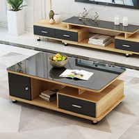 Ensemble de 3 meubles de salon modernes : meuble TV style chaise et table basse en verre, avec table basse intégrée au meuble TV