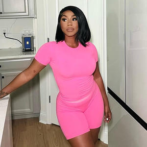 热销两件套女式时尚实心t恤和紧身短裤两件套运动服女式夏装2024服装 - Product Image 4