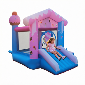 Château gonflable avec toboggan, thème crème glacée rose et bleu, pour les enfants, utilisation à domicile, installation facile, matériau PVC - Product Image 1