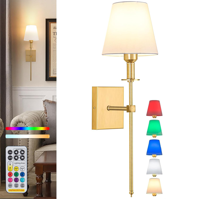 Battery Operated Wall Sconce,Rechargeable Fabric Shade Wall Light With Wireless Remote Dimmable,9 Colors Modes Cordless