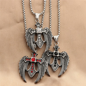 Stainless Steel <b>Cross</b> Pendant With Wings Diamond Encrusted Men's Necklace Punk Style Fashion Jewelry Gift - Product Image 1