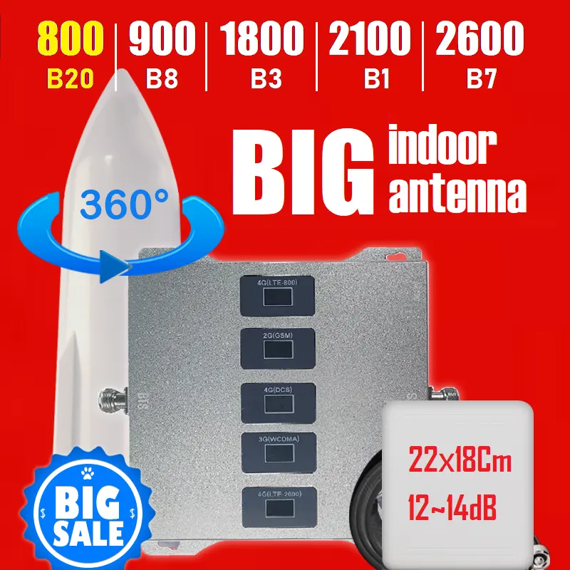 Penguat Sinyal Seluler Repeater 3G 4G 5G 5 Band Afrika Timur Tengah Eropa B20 B8 B3 B1 B7 LTE 800 900 1800 2100 2600
