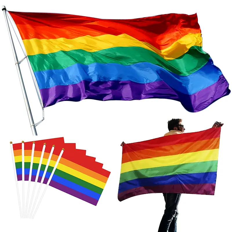 Bandeira de arco-íris personalizada para orgulho gay, bandeira 100% poliéster para lésbicas e lgbt, produto promocional personalizado, 3x5 pés, promocional