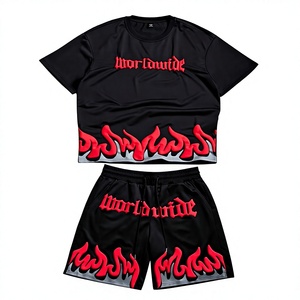 Conjunto de 2 Piezas de Ropa Urbana Estadounidense Personalizada para Hombre, Verano, Camiseta y Pantalones Cortos 100% Algodón Transpirable con Estampado Puff, OEM - Product Image 2