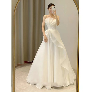 Strapless A-Line Wedding Dress Natural Waist Tulle Simple Elegant White Bridal Gown For Travel Photography - Product Image 3