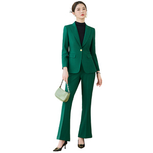 Green Striped Women's Suit Set Polyester Anti-Wrinkle Casual Professional Wear - Product Image 5
