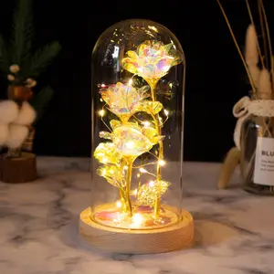 Artificial Flower Rose Gift Valentines Mothers Day Gift Enchanted Golden Galaxy Rose Led Lamp 24k Gold Foil Rose In Glass Dome