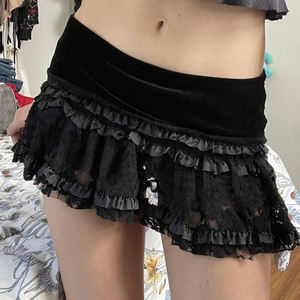 Mini-jupe en velours et dentelle patchwork, taille basse, jupe en tricot à volants, style Y2K, décontractée, tendance, polyvalente pour femmes - Product Image 6